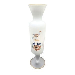 Vtg Norleans Satin Art Glass‎ Vase 10" Bird Pattern Footed Gold Trim Italy MCM